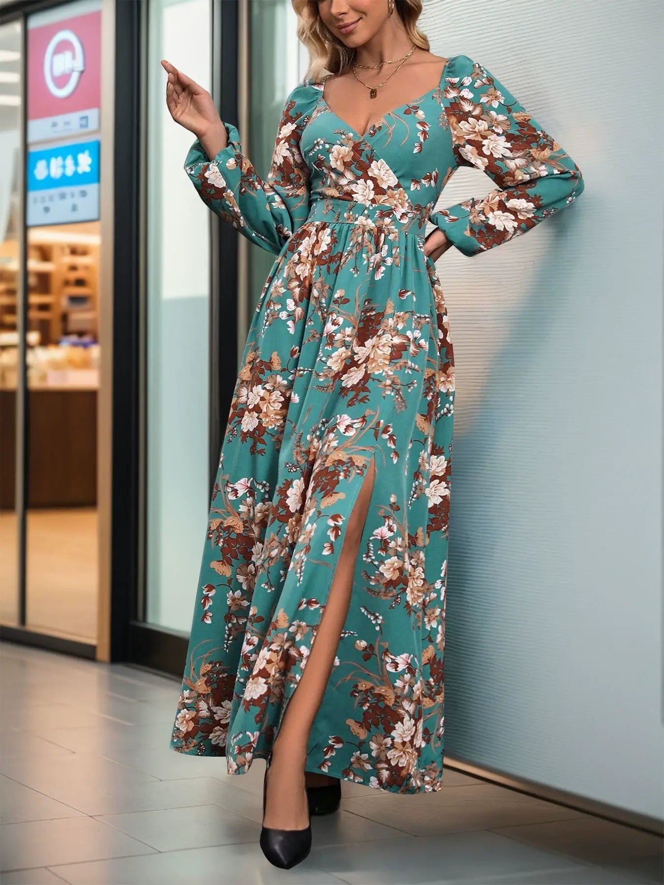 LONG SLEEVE DEEP V-NECK PRINT LONG SPLIT DRESS