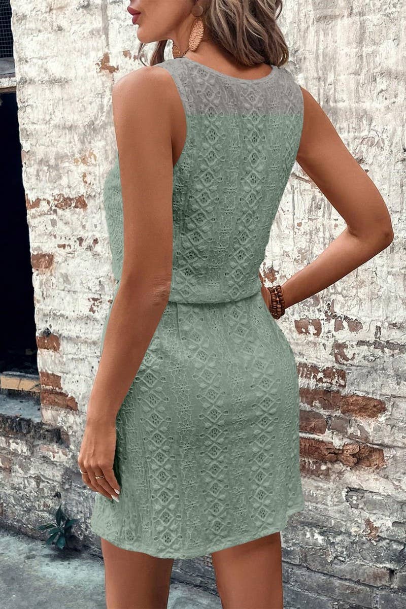 CWDMD4645_SQUARE NECK DRAWSTRING SLEEVELESS DRESS