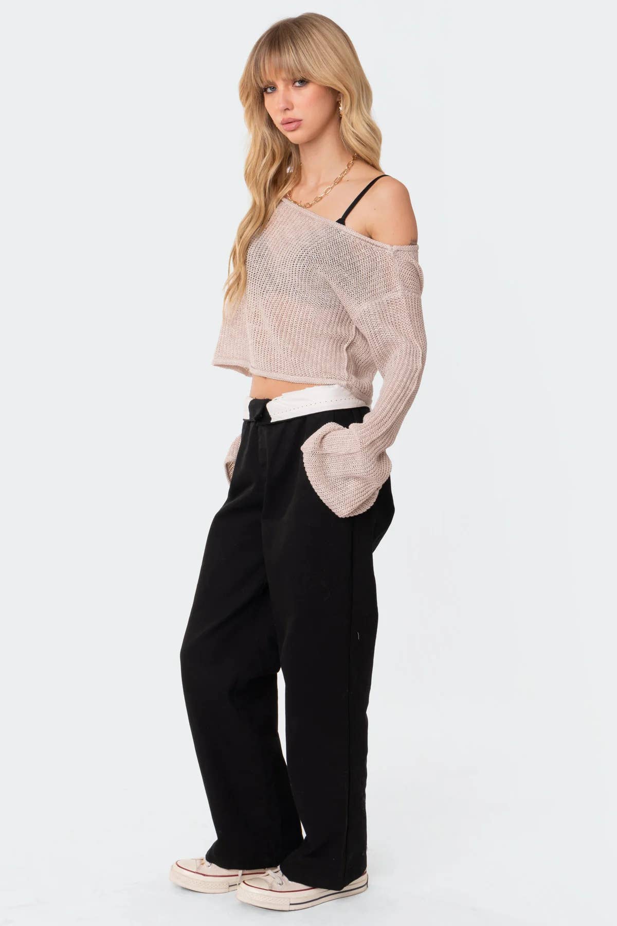 See-through flared sleeve pullover knitted smock