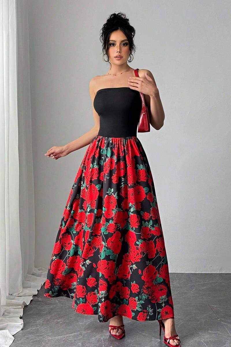 CWDMD5750_ROSE PRINT PATCHWORK STRAPLESS MAXI DRESS