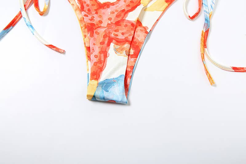 Sexy Tie Front Printed Bikini Three-Piece Set