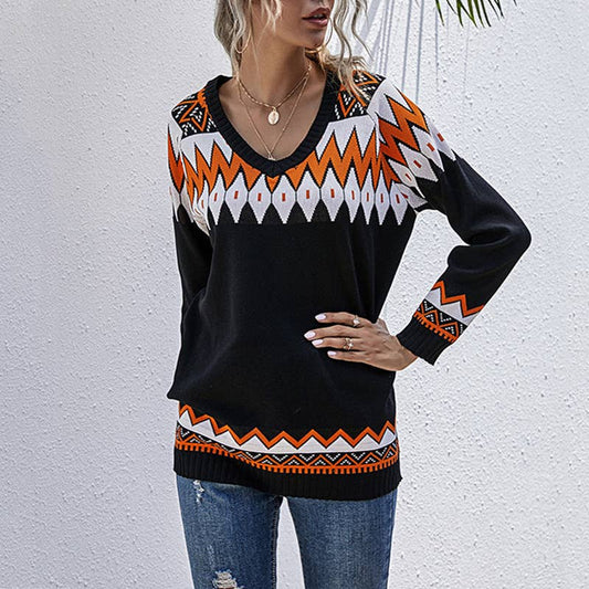 LONG SLEEVE V-NECK SWEATER IN CONTRASTING COLORS
