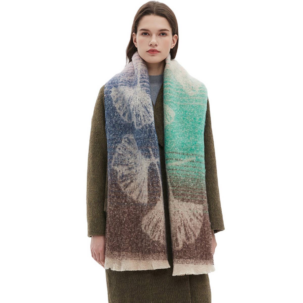 Ginkgo Jacquard Scarf ? Loop Yarn Fringe Winter