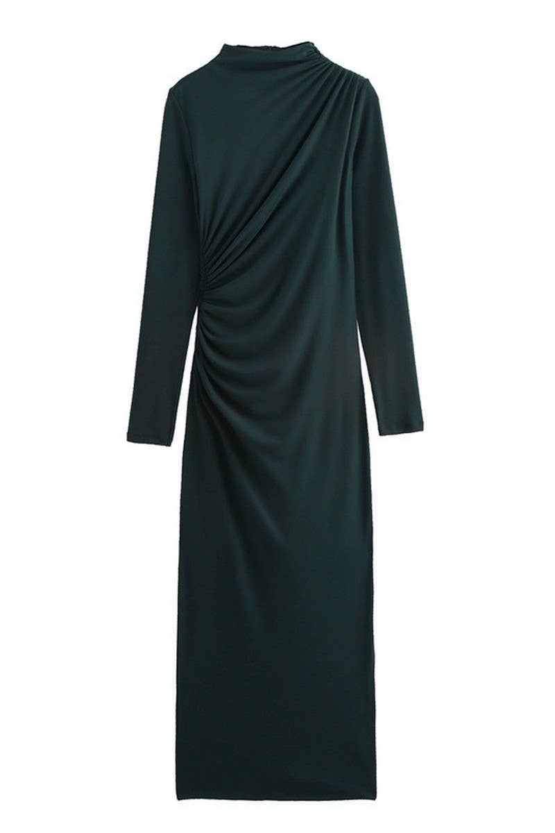 CWDMD4183_SOLID COLOR HALF TURTLENECK LONG PLEATED DRESS