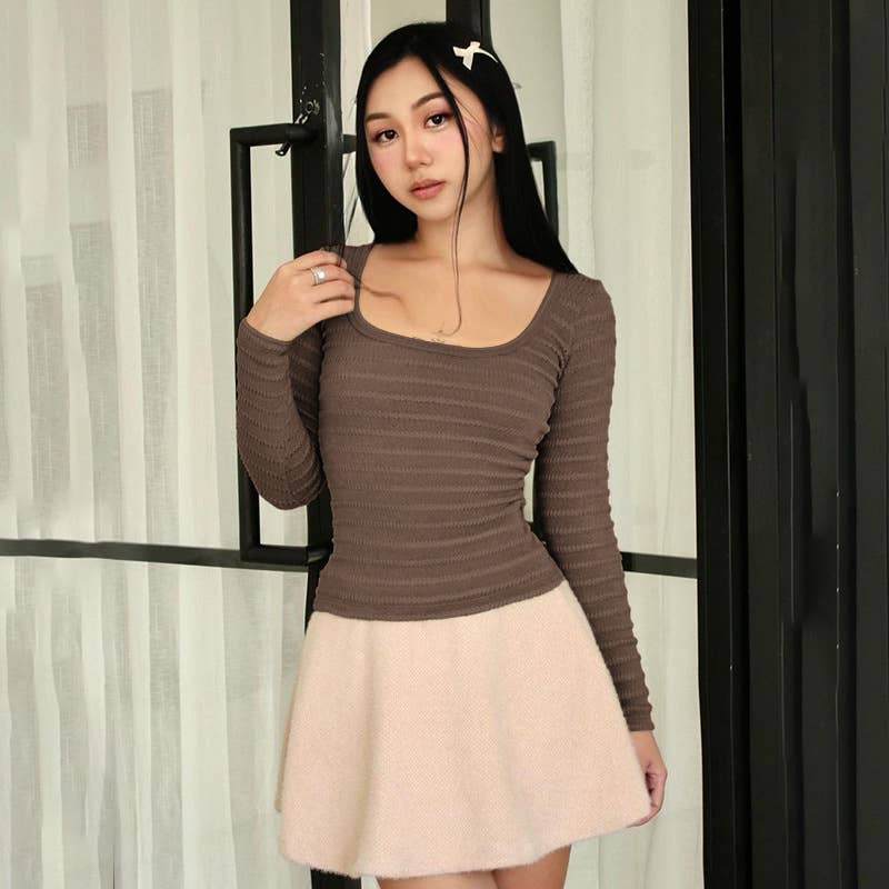 Simple style solid color texture striped square collar top