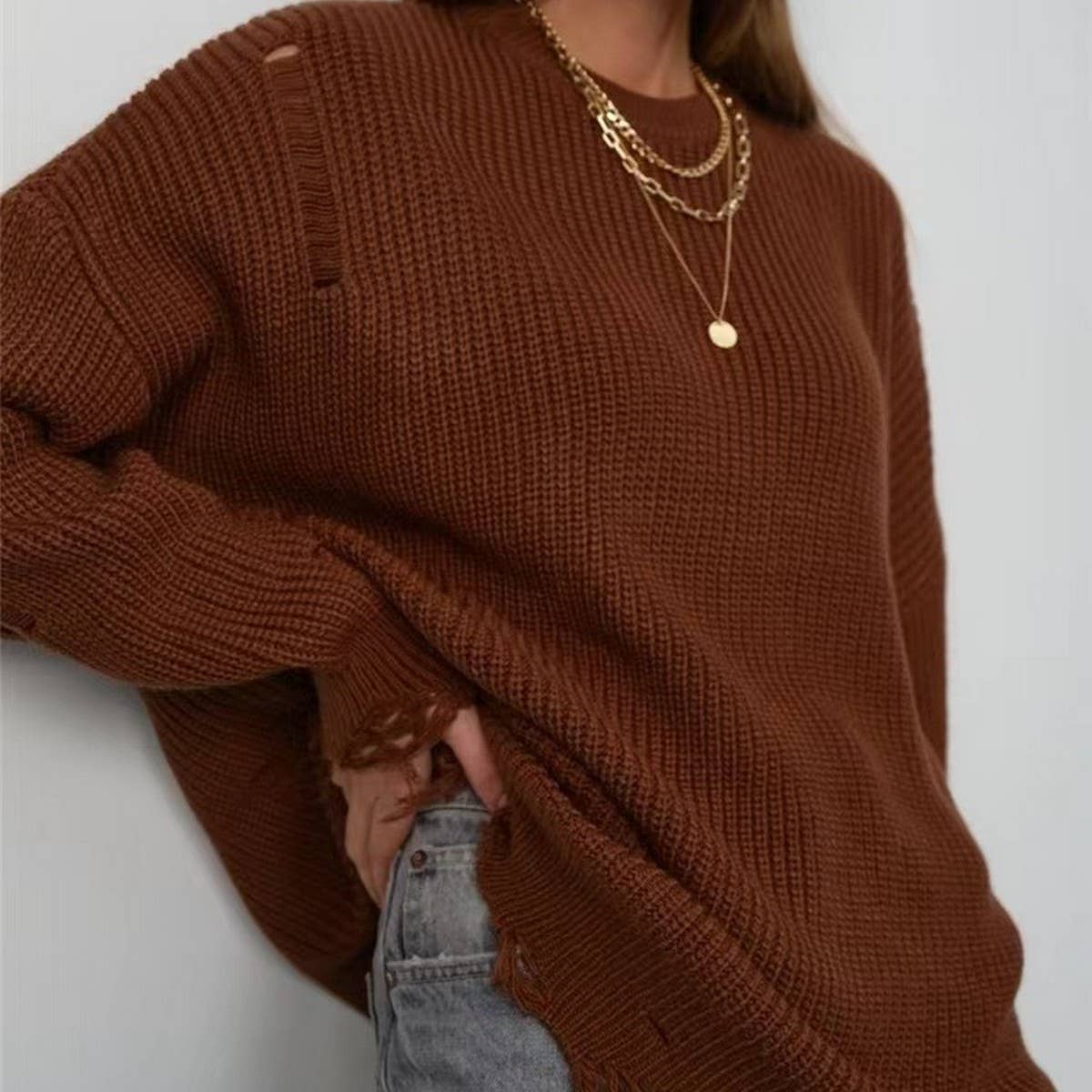 Women's Loose Fit Distressed Knit Sweater