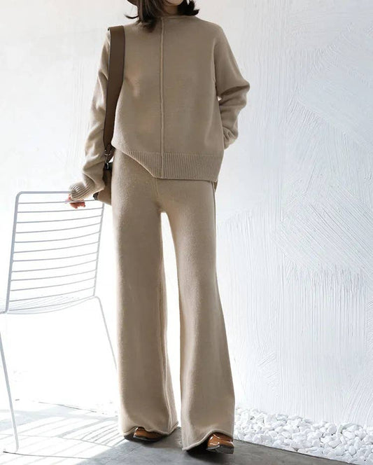 SWEATER WITH SLIT AND WIDE LEG PANTS KNIT SUIT
