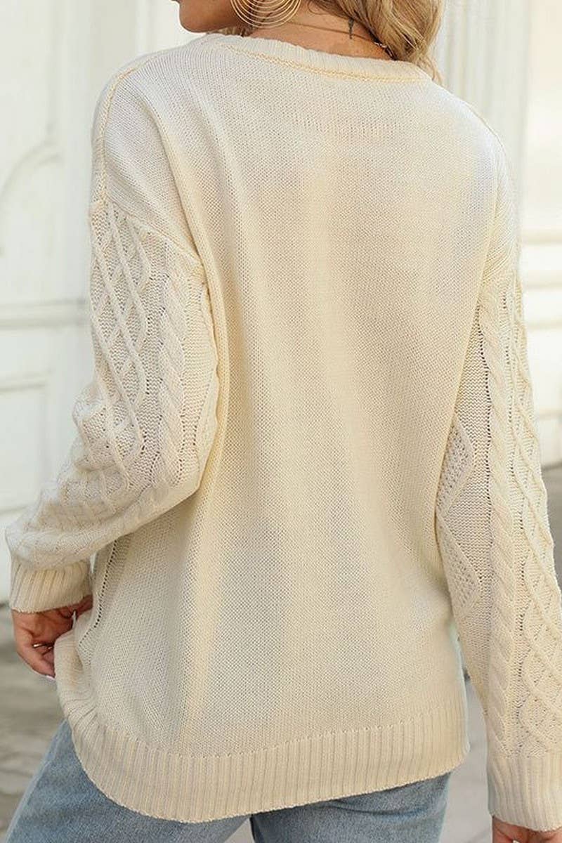 Stylish crew neck loose pullover with button cord