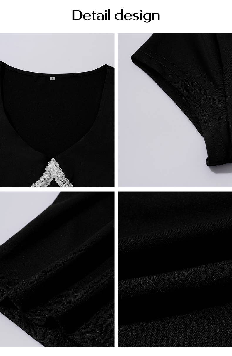 Sexy knit black white contrasting low-cut T-shirt