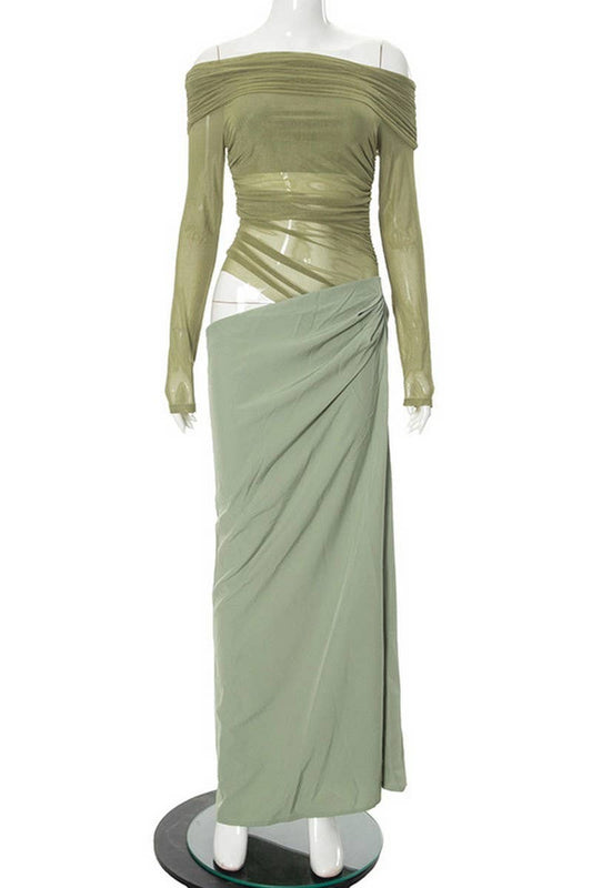 CWDMD6079_OFF SHOULDER LONG SLEEVE CUTOUT PATCHWORK DRESS