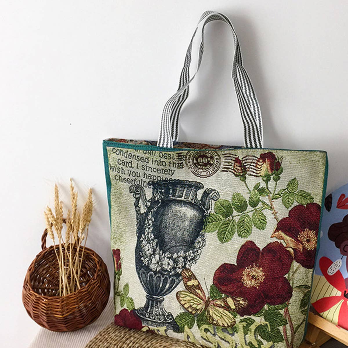 FLOWER JACQUARD CANVAS SHOULDER BAG TOTE BAG_CWAB1677