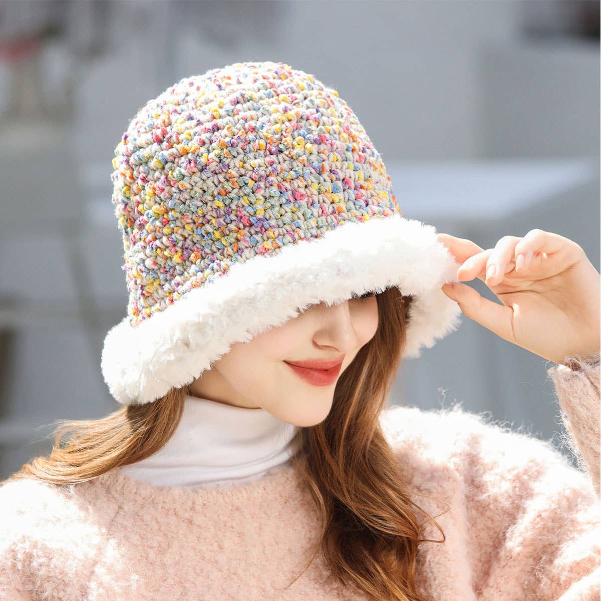RAINBOW KNIT BEANIE COZY KNITTED BUCKET HAT_CWAH1981