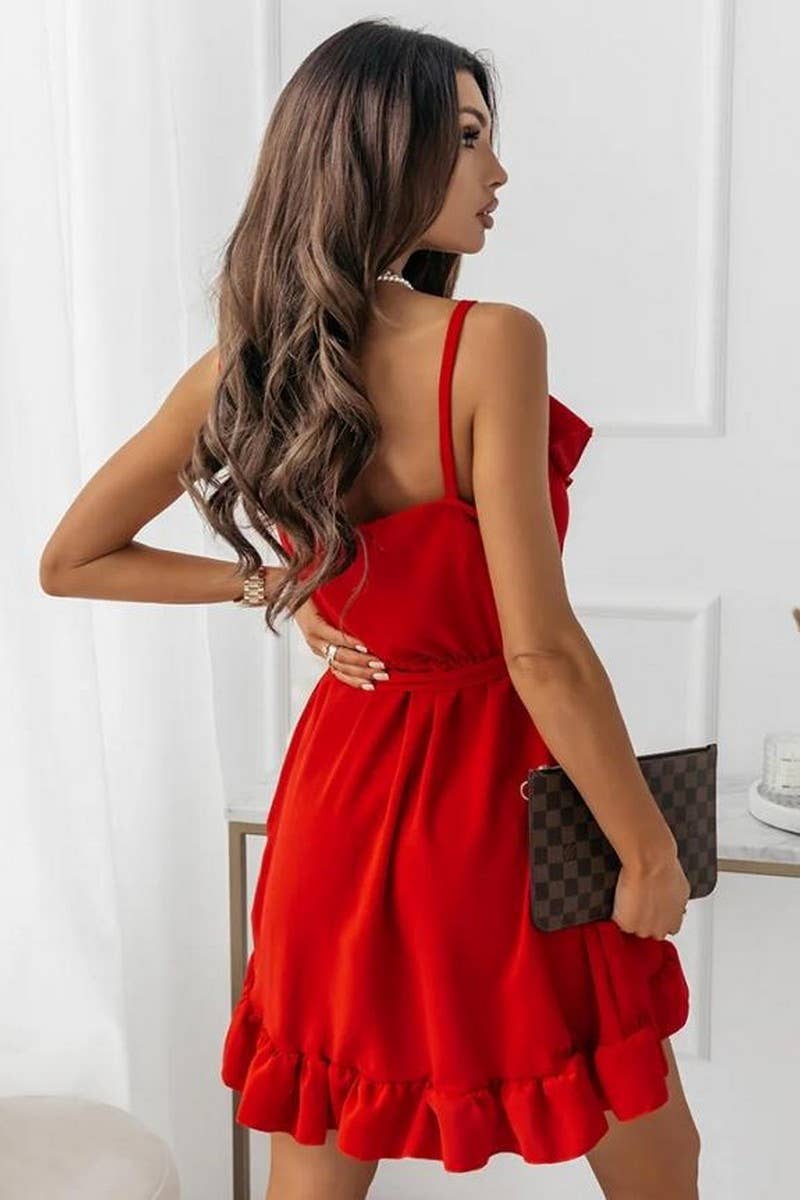 CWDSD6592_SOLID COLOR V-NECK SUSPENDER SEXY DRESS