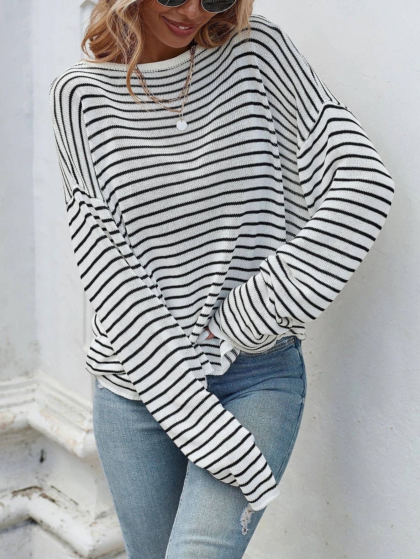 Striped long-sleeved sexy backless cross sweater