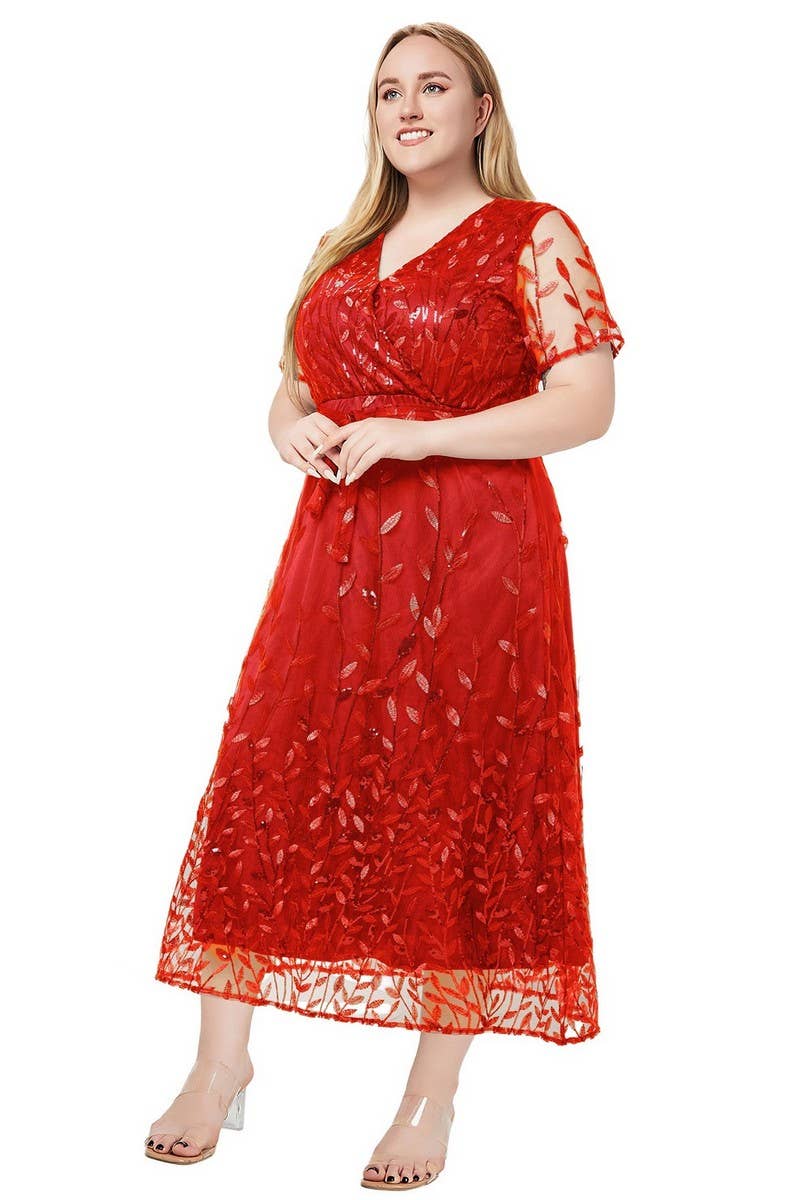 CWDMD3229_PLUS SIZE V-NECK SEQUINED BRIDESMAID DRESS