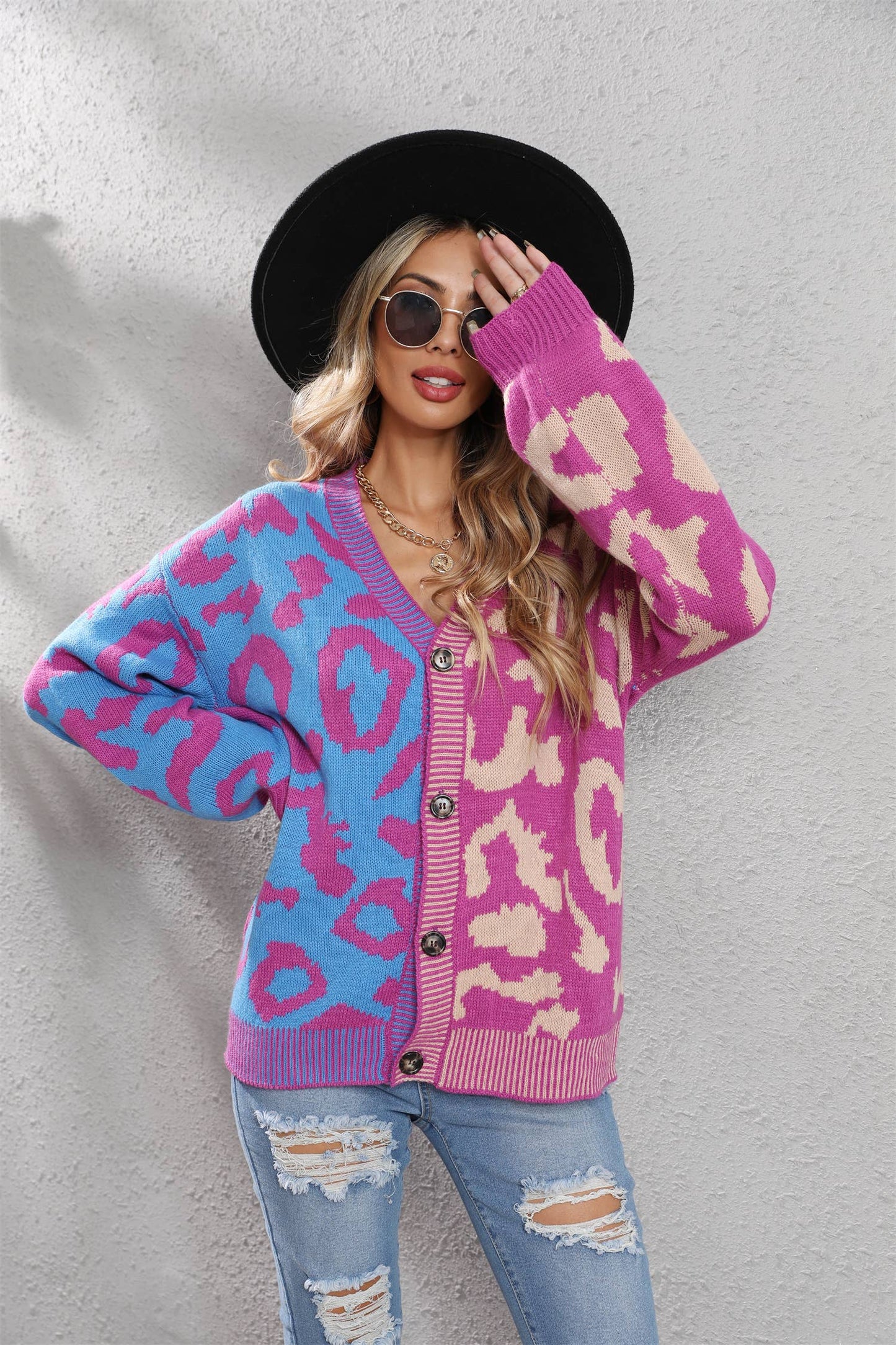 Printed Knit Single Breasted Leopard Knit Cardigan