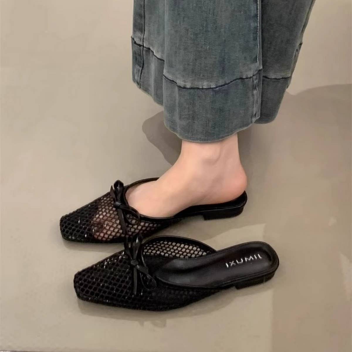 Mesh Bow Knit Mules Flat Ballet Slip-On Shoes