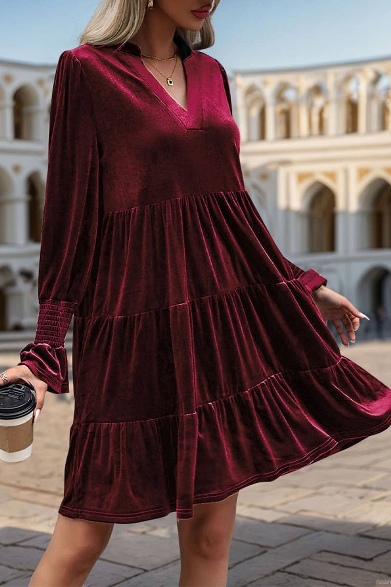 CWDMD3552_V-NECK LONG-SLEEVED SOLID COLOR VELVET DRESS