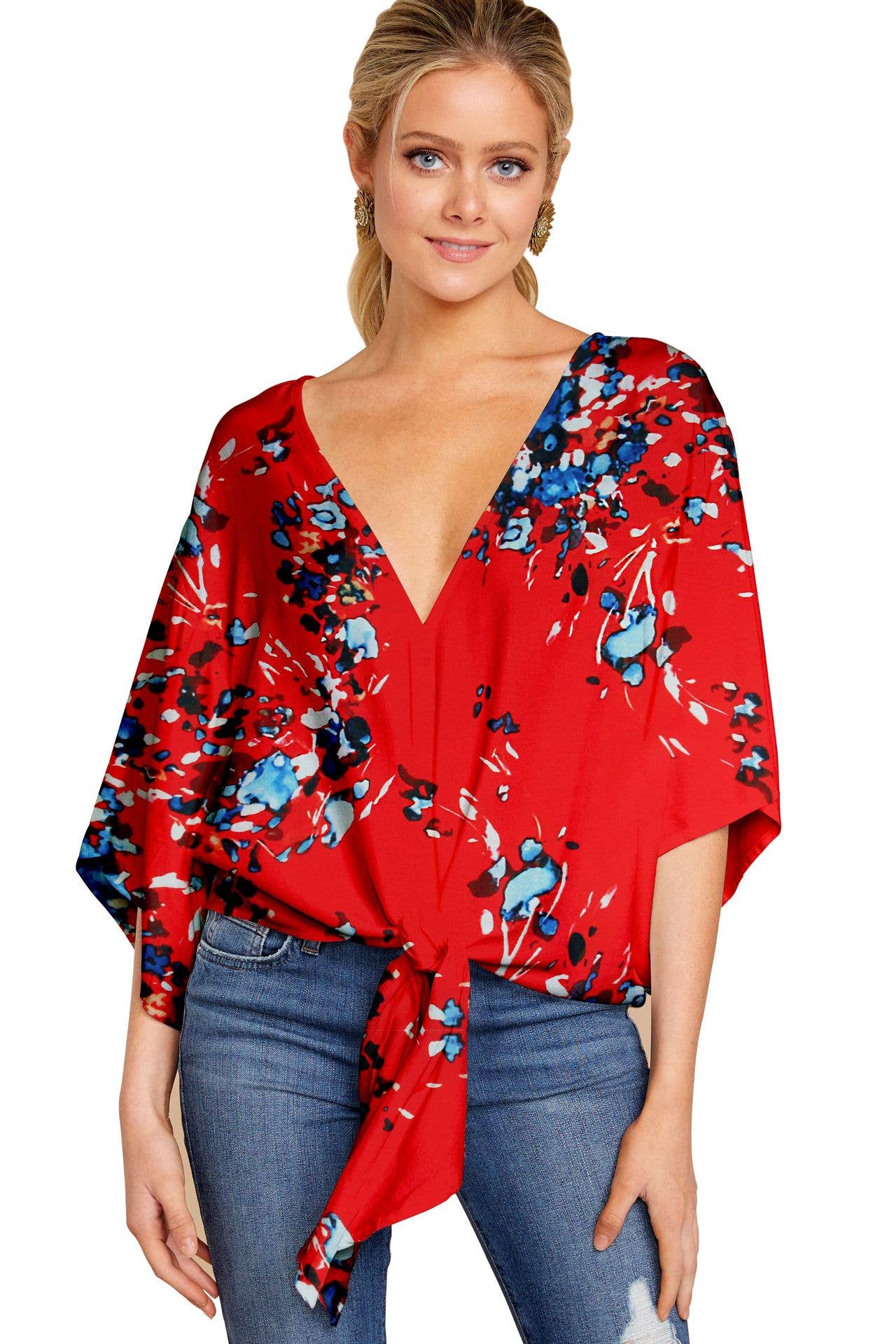 V-neck knotted printed loose sleeved top
