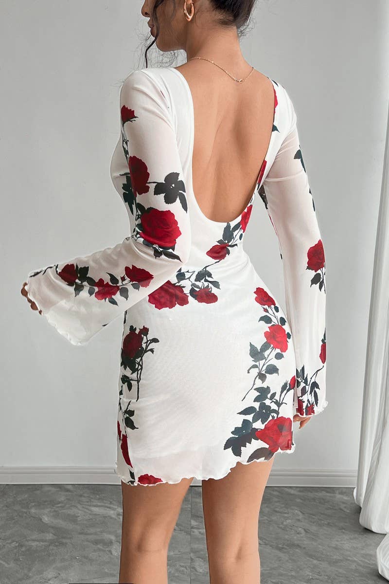 CWDSD8287_FLORAL BACKLESS MESH BELL SLEEVE MINI DRESS