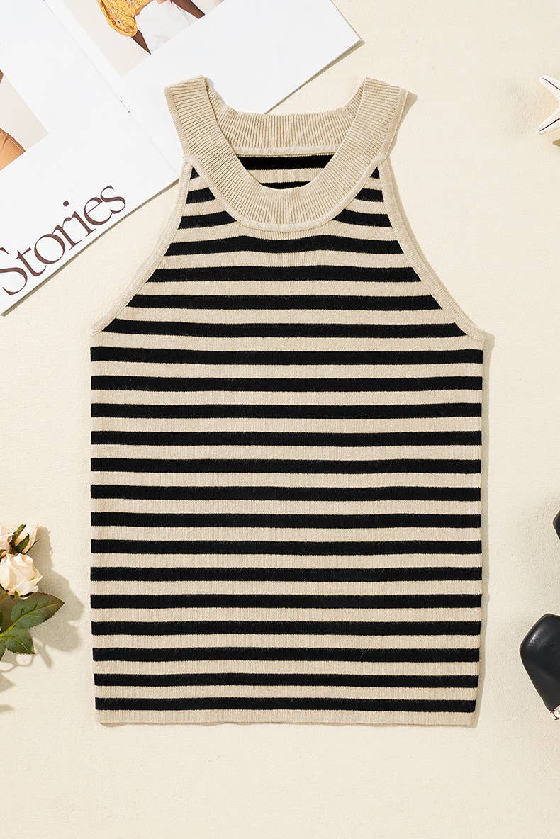 Knit crew neck vest with stripes color matching