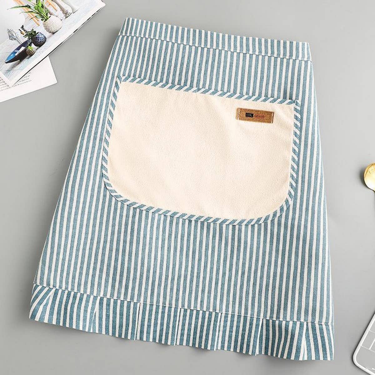 Stripe Half-length linen cooking Apron with pockets_CWMM2033
