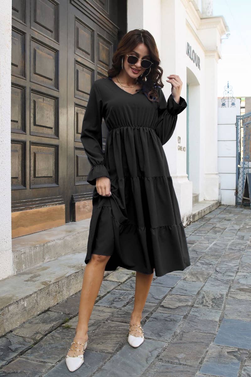 CWDSD6430_FALL V-NECK DRESS WITH FLARED SLEEVES