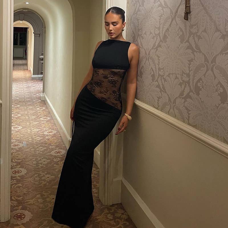 SEXY SLIM PATCHWORK LACE BACKLESS DRESS