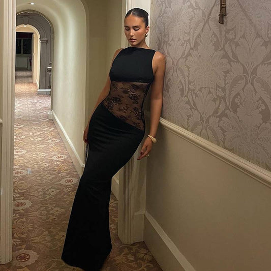SEXY SLIM PATCHWORK LACE BACKLESS DRESS