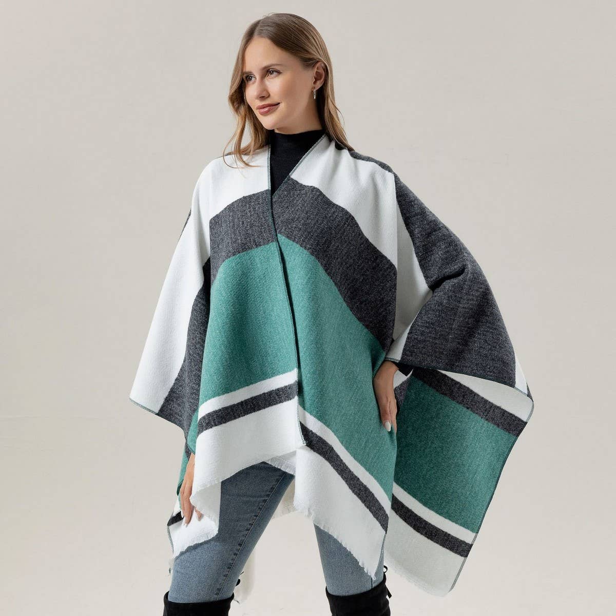 COLORBLOCKED AND BARRED CAPE WITH OUTER CAPE