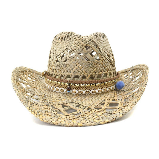 Beaded Rope Handmade Seagrass Cowboy Sun Hat_CWAH1251