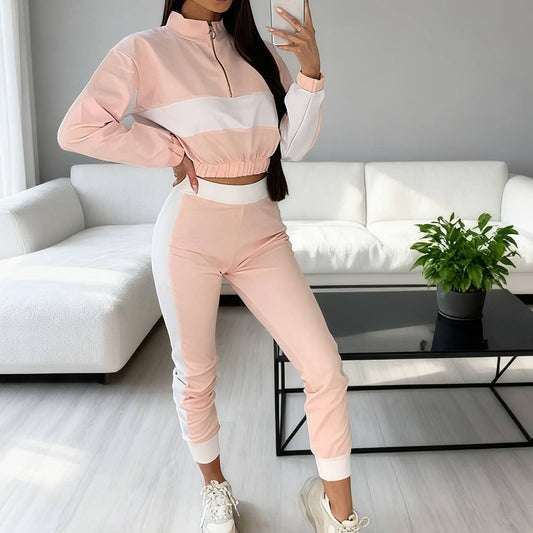 Fashion match color long sleeve trousers suit