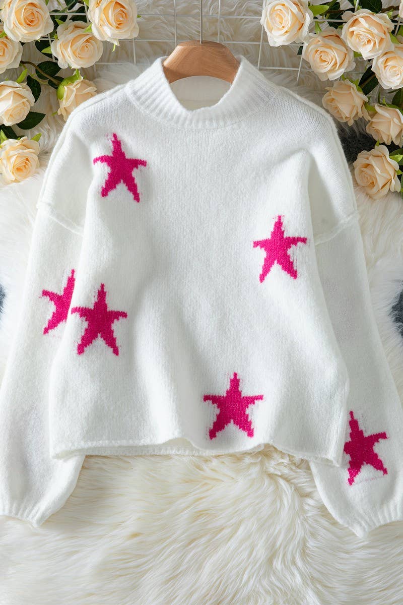 CWOSWL07457_CASUAL LOOSE HIGH NECK STAR PATTERN KNIT SWEATER