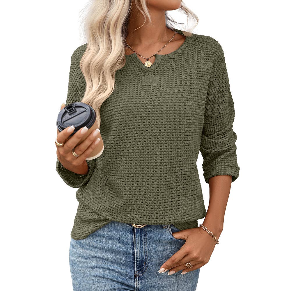 Waffle round-neck solid-color knitted T-shirt