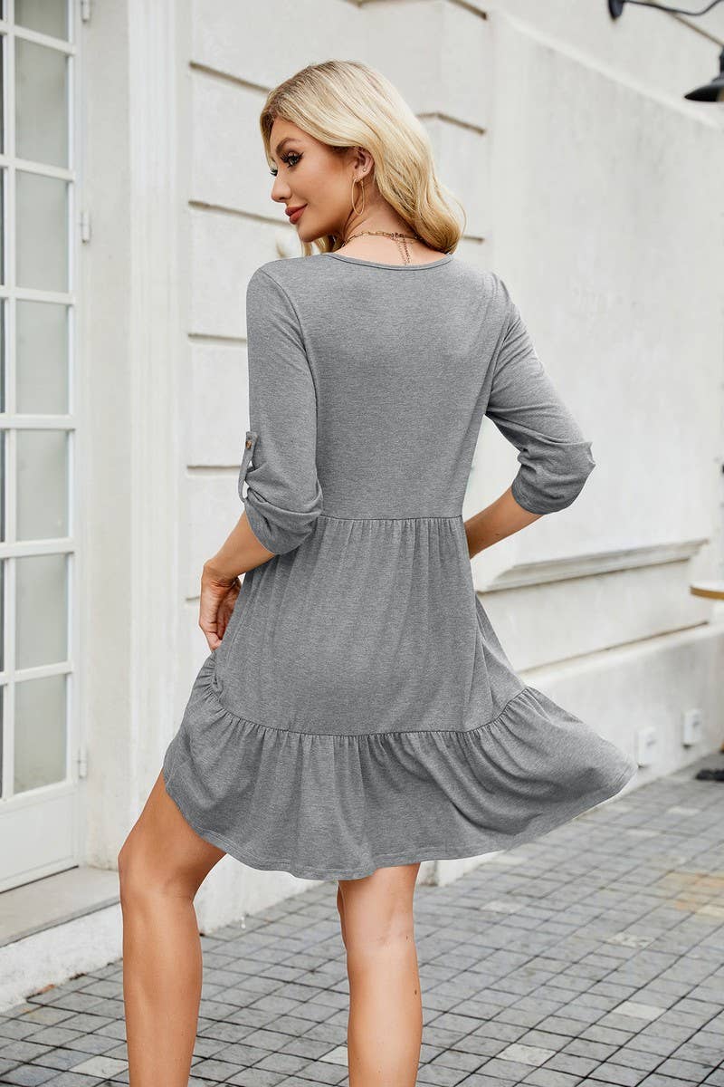 CWDSD7286_MID-LENGTH SLEEVE V-NECK PLEATED RUFFLE DRESS