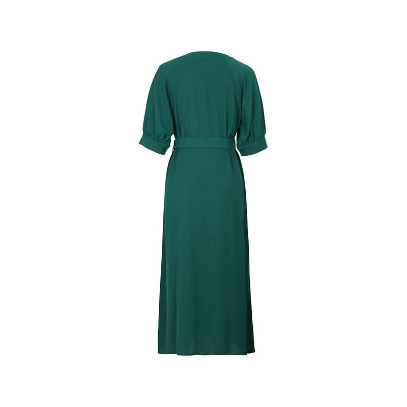 LONG MID-SLEEVED GREEN DRESS WITH BELT