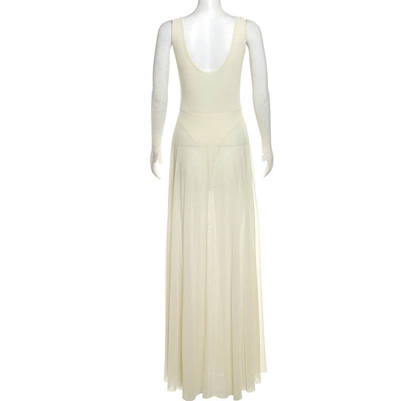 SEXY V-NECK HALTER SKIRT TEMPERAMENT MESH DRESS