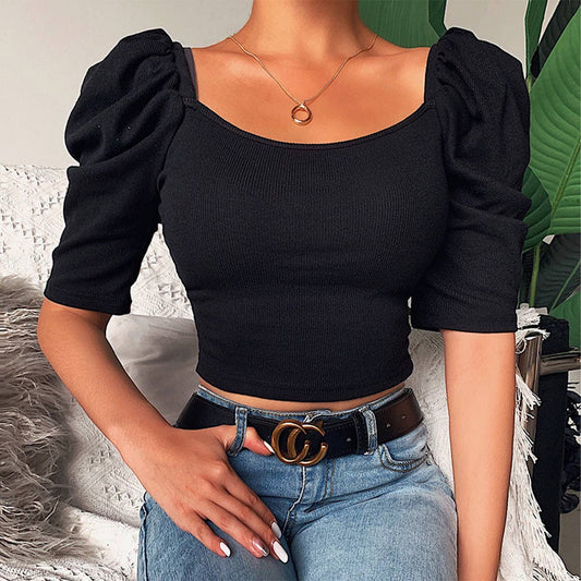 Simple square-neck puffed sleeve short-sleeve top