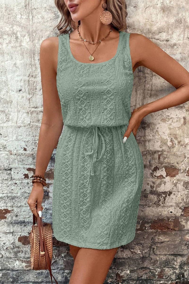 CWDMD4645_SQUARE NECK DRAWSTRING SLEEVELESS DRESS