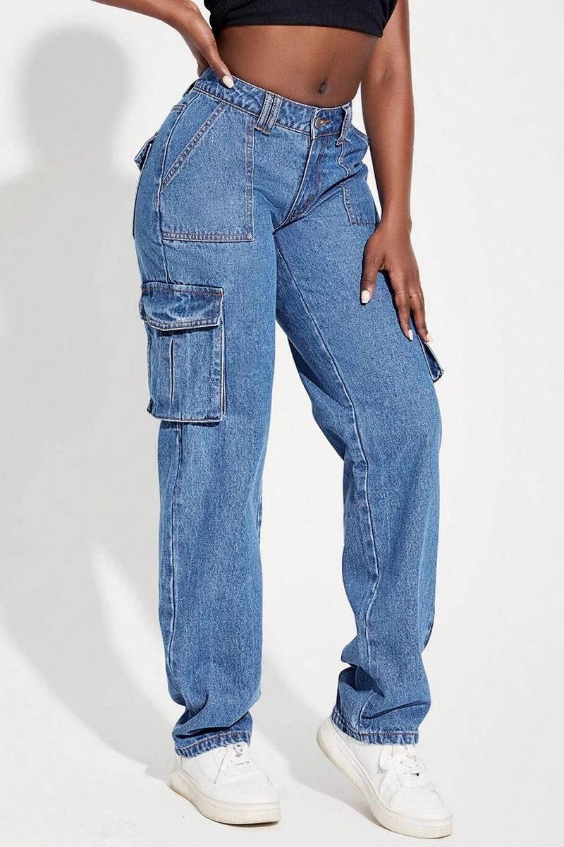 CWJP0594_MID-RISE MULTI-POCKET CARGO STRAIGHT JEANS