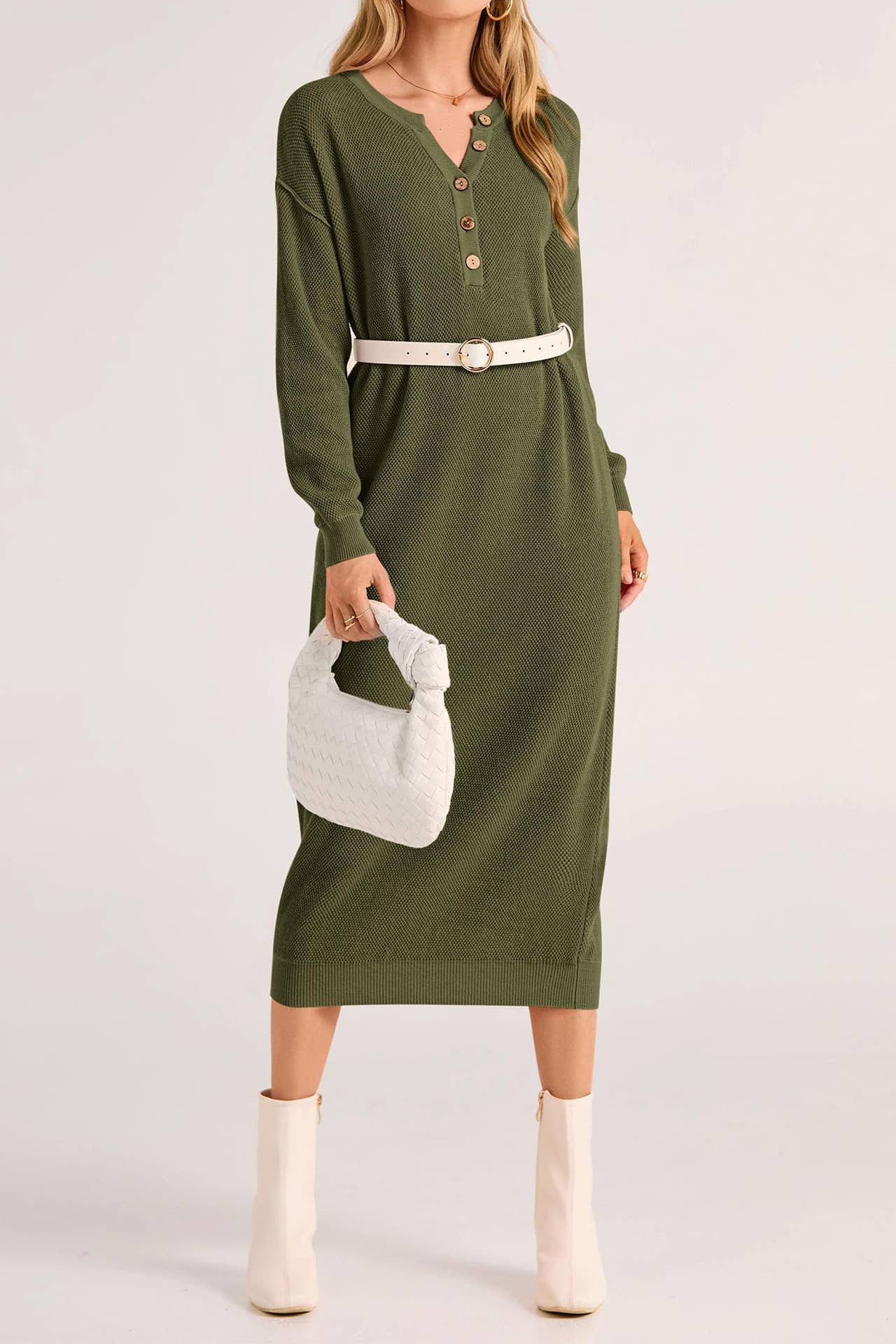 LONG-SLEEVED BUTTON-DOWN V-NECK SWEATER DRESS