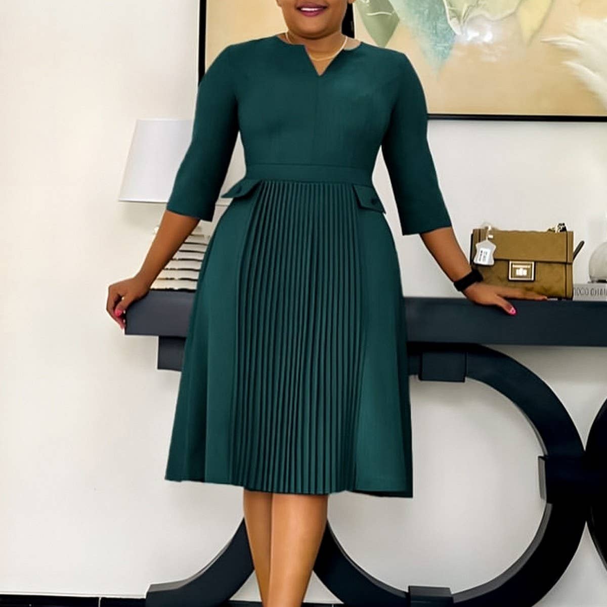 OVERSIZED PLEATED THREE-QUARTER SLEEVE DRESS_CWDSD6088