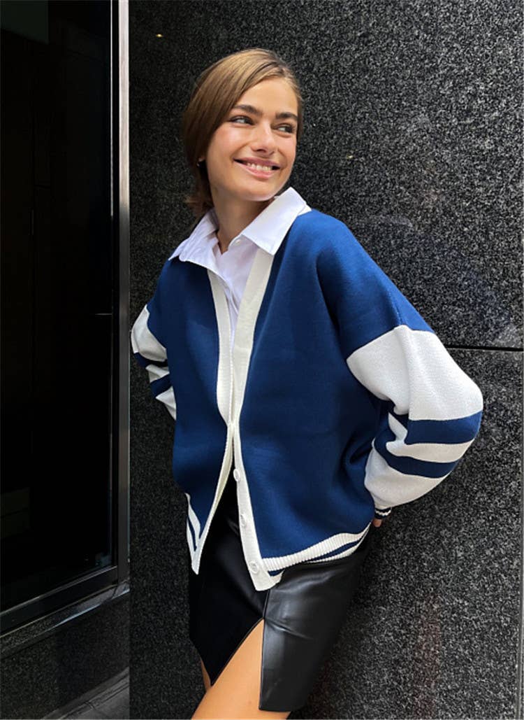 FASHION CONTRAST COLOR CARDIGAN LOOSE SWEATER