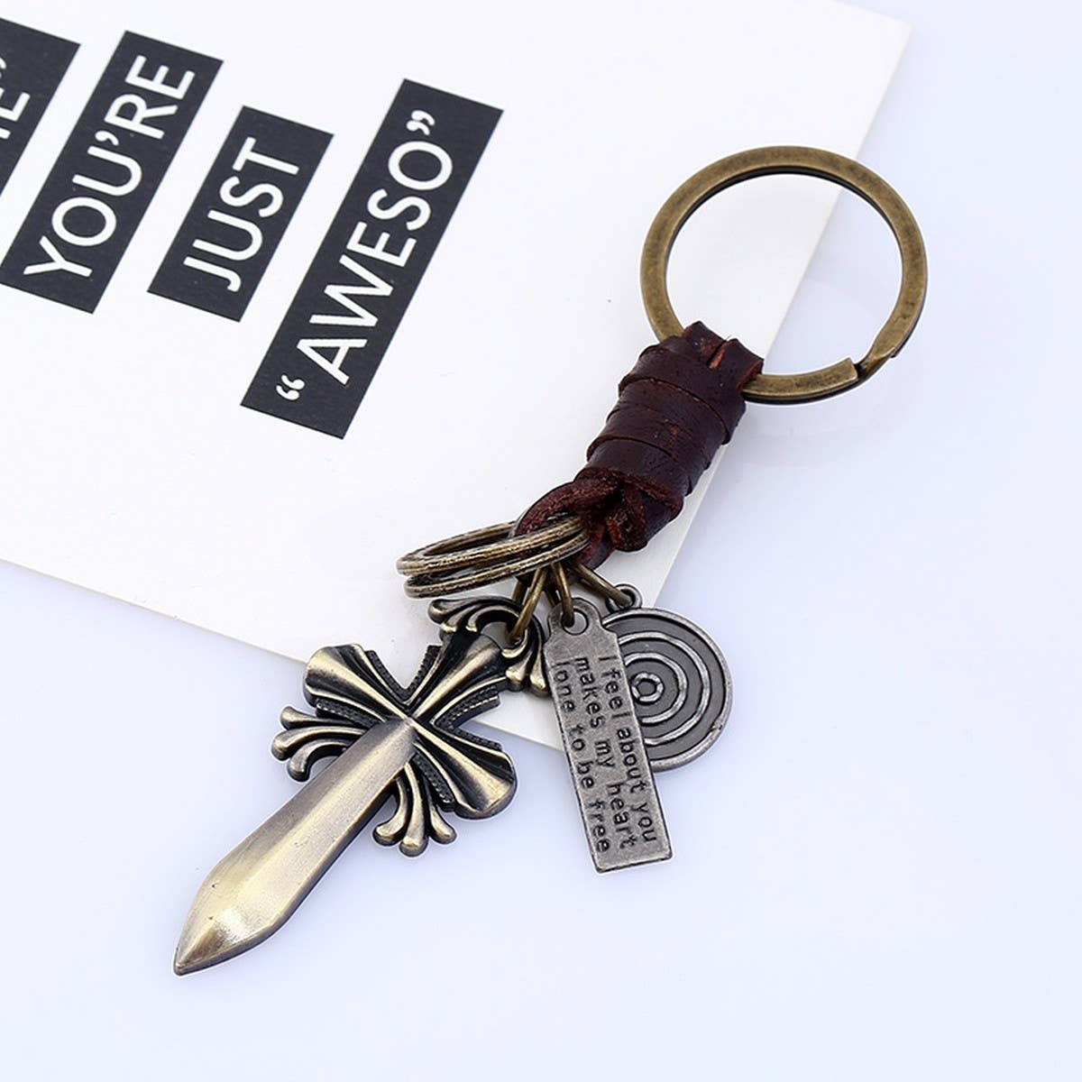 VINTAGE BRAIDED CROSS LEATHER KEYCHAIN