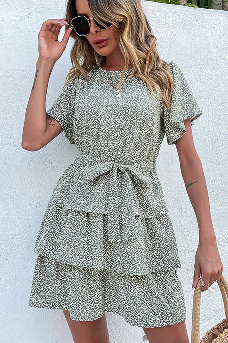 CWDSD7032_NEW STYLE RUFFLE ROUND NECK TIE CAKE DRESS