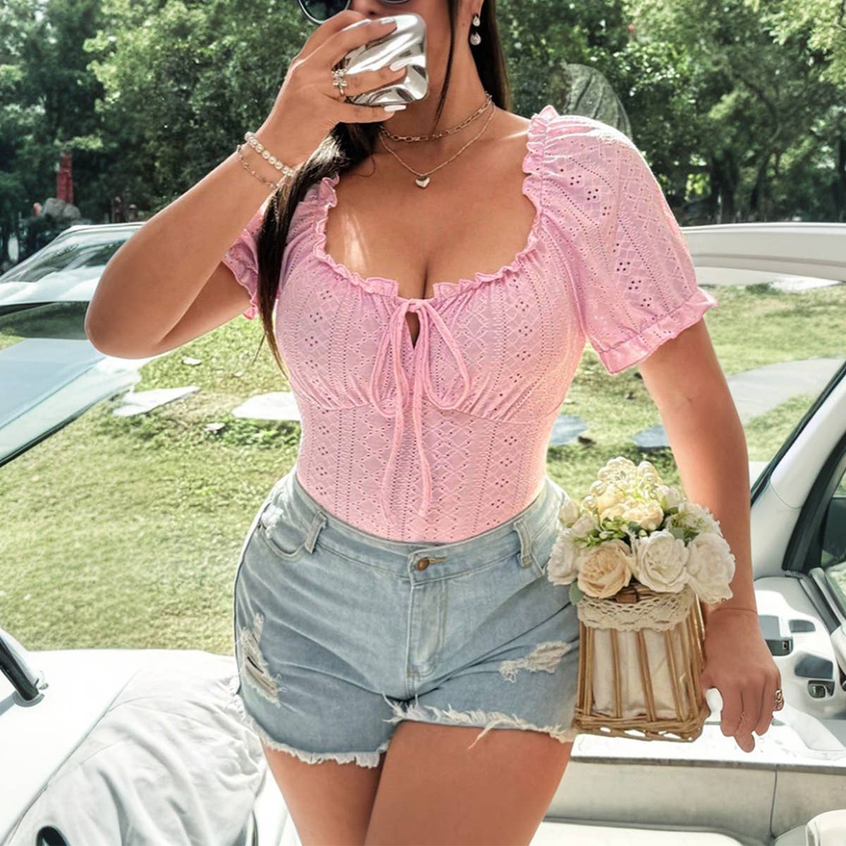 Sweet Square Neck Slim Fit Short Sleeve Top