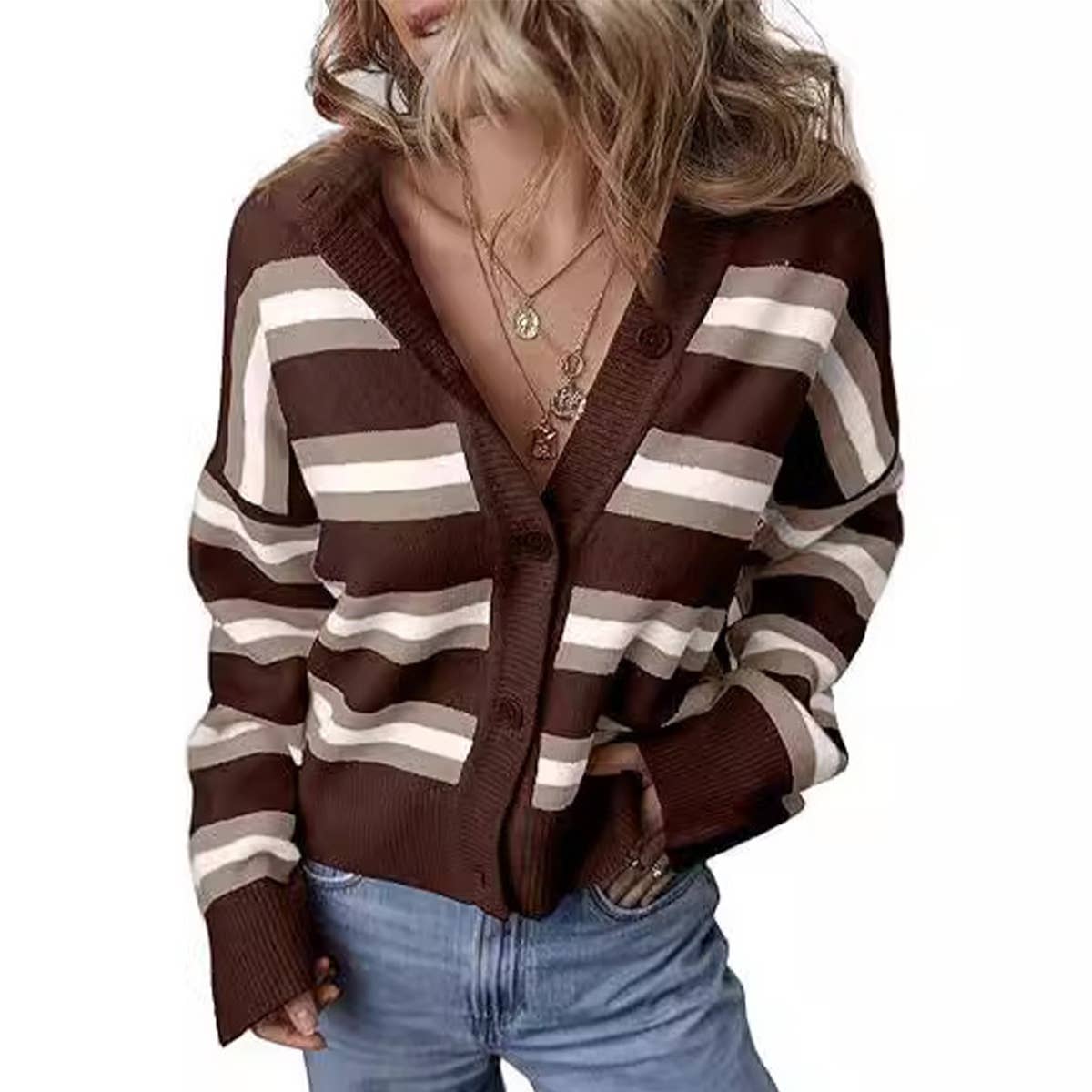Striped single-breasted cardigan with color matching