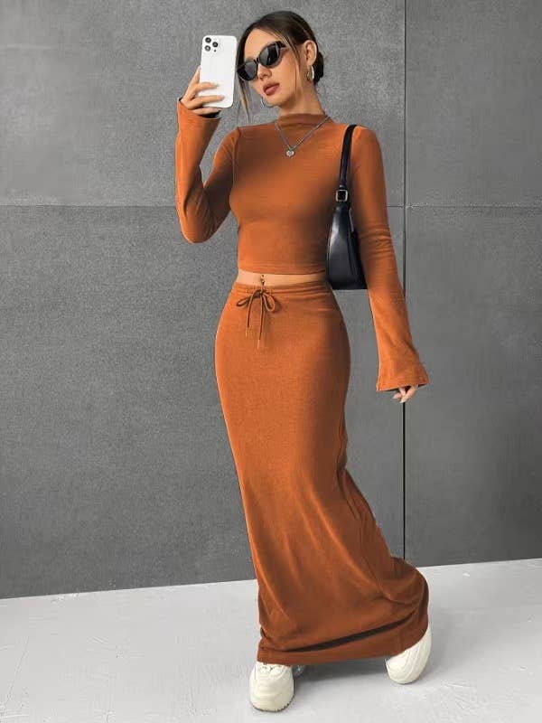 SOLID COLOR LONG SLEEVE TOP LONG SKIRT SET