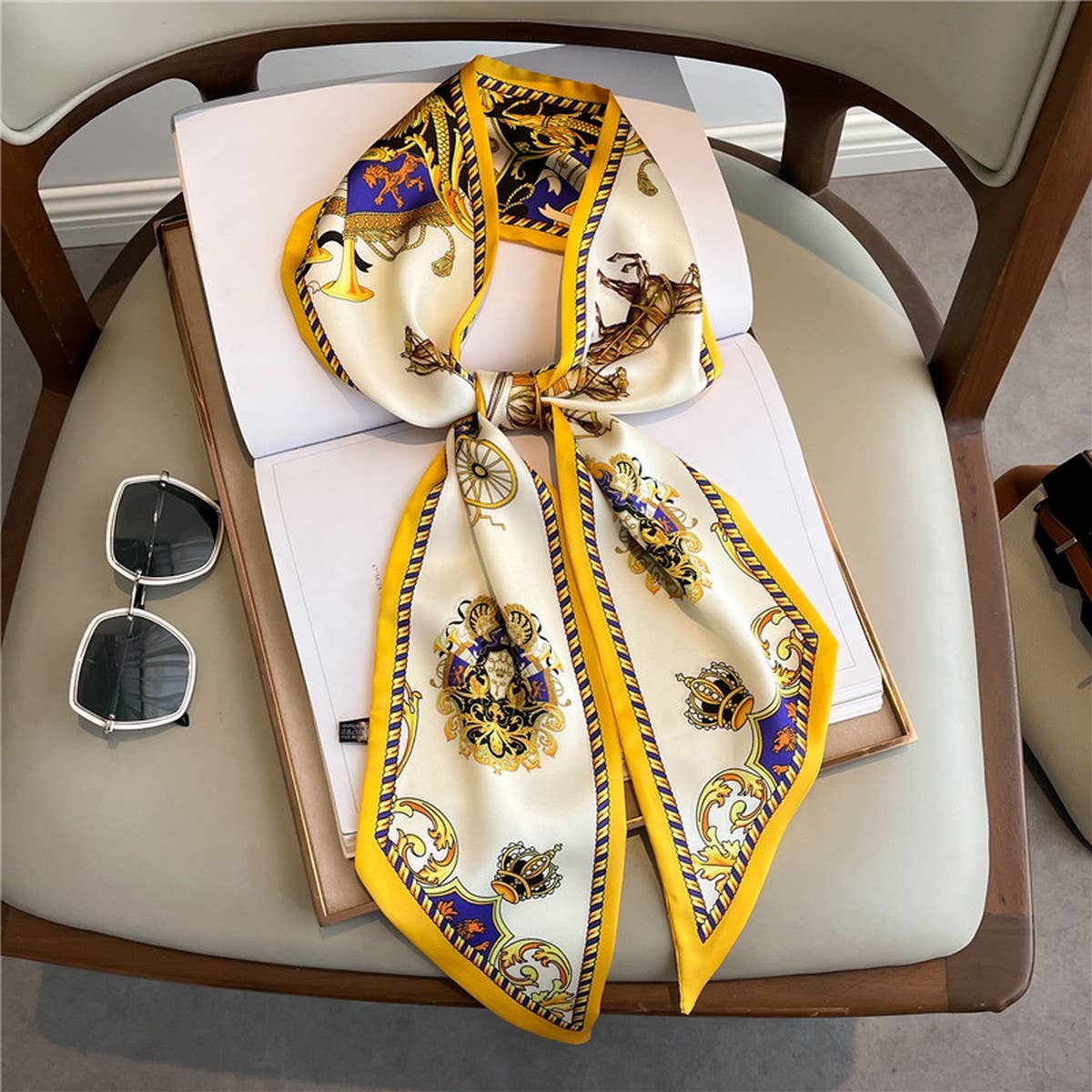 NARROW RIBBON ANGLED PRINTED SILK  HEAD SCARF