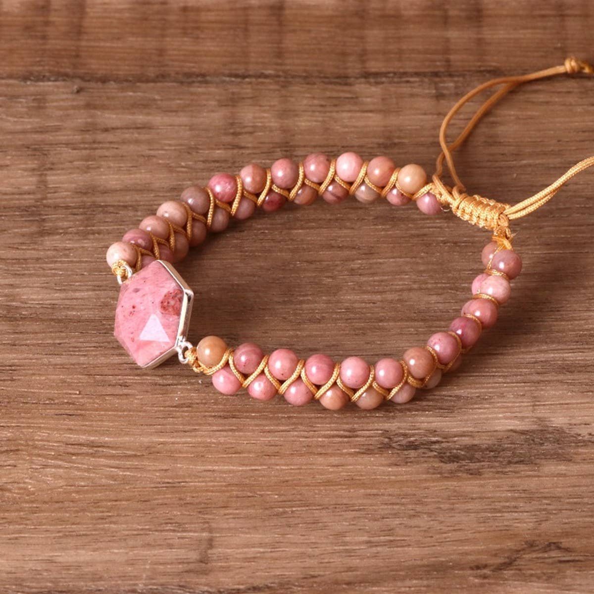 HEXAGONAL RHODONITE BRAIDED BRAIDED BRACELET